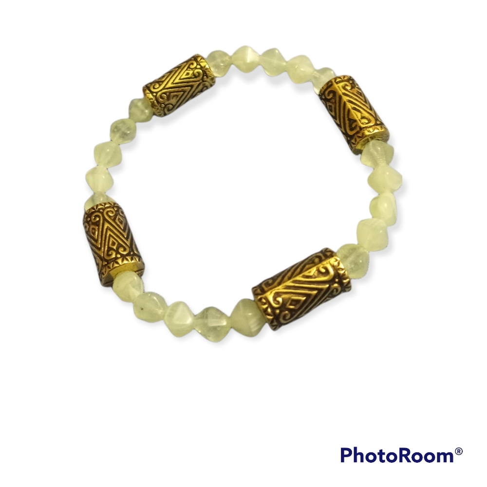 Hand Crafted New jade and gold plated engraved beaded gemstone bracelet
